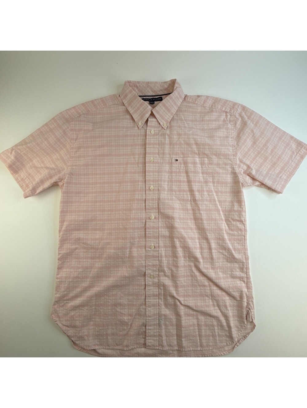 Tommy Hilfiger Men's Pink & White Plaid Short Sleeve Button Down Shirt XL